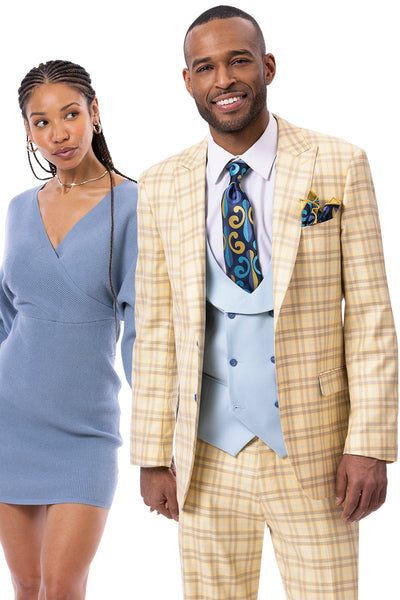 Men's Two Button Peak Lapel Suit in Tan Windowpane Plaid with Blue Double Breasted Vest
