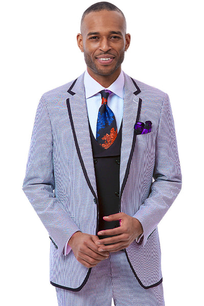 Men's One Button Vested Fashion Seersucker Suit with Double Breasted Vest in Blue
