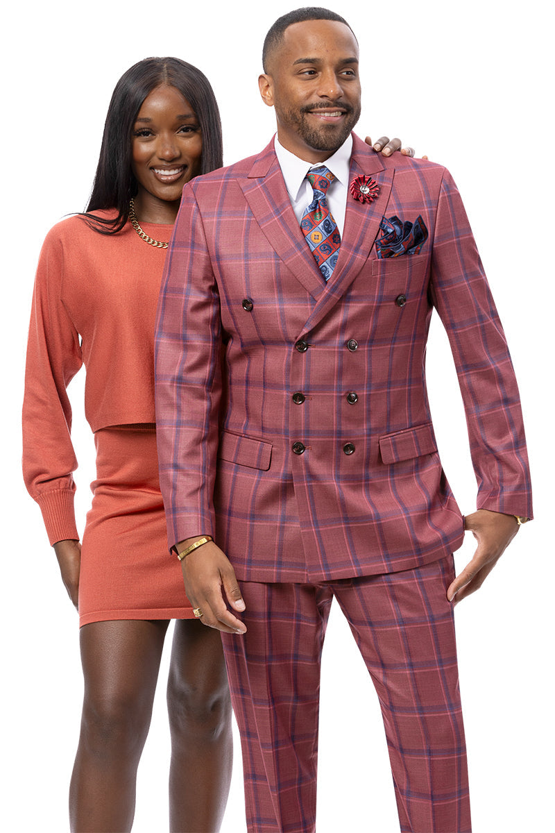 Men's Double Breasted Fashion Suit in Light Burgundy Windowpane Plaid