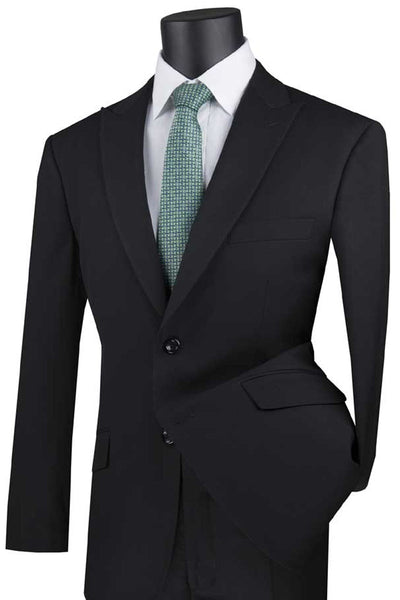Men's Two Button Modern Fit Wide Peak Lapel Wool Feel Suit in Black