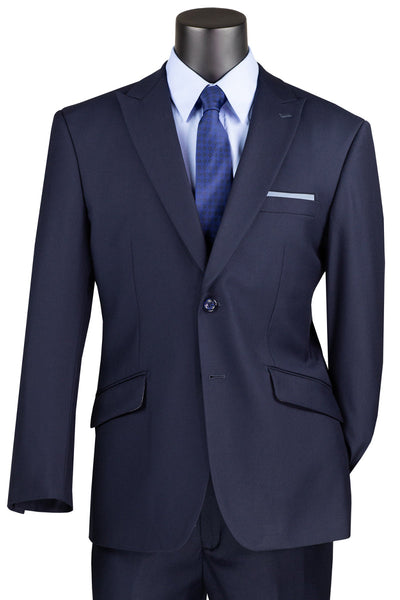 Men's Two Button Modern Fit Wide Peak Lapel Wool Feel Suit in Navy Blue