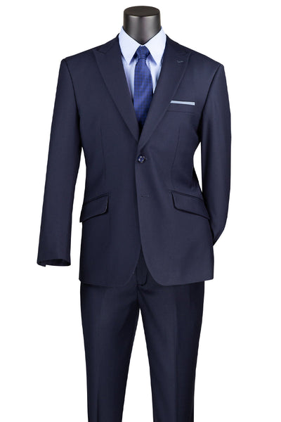 Men's Two Button Modern Fit Wide Peak Lapel Wool Feel Suit in Navy Blue