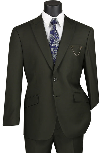 Men's Two Button Modern Fit Wide Peak Lapel Wool Feel Suit in Olive Green