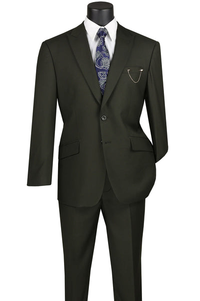 Men's Two Button Modern Fit Wide Peak Lapel Wool Feel Suit in Olive Green