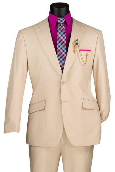 Men's Two Button Modern Fit Wide Peak Lapel Wool Feel Suit in Tan