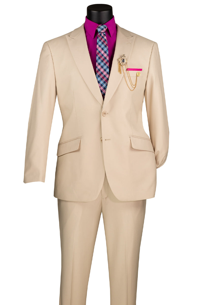 Men's Two Button Modern Fit Wide Peak Lapel Wool Feel Suit in Tan