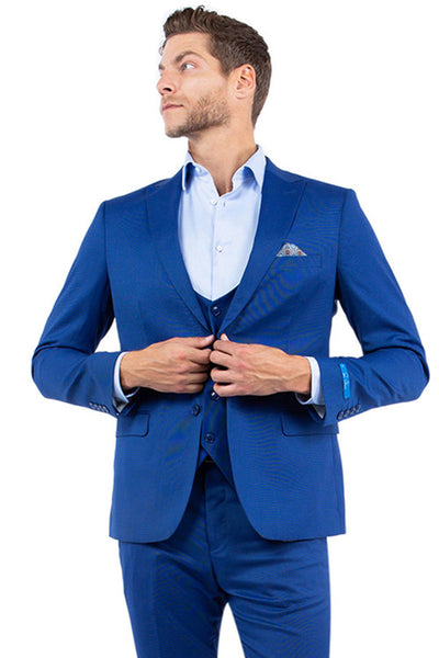 Men's Two Button Vested Slim Fit Peak Lapel Suit in Blue Nailhead