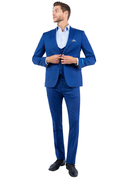 Men's Two Button Vested Slim Fit Peak Lapel Suit in Blue Nailhead