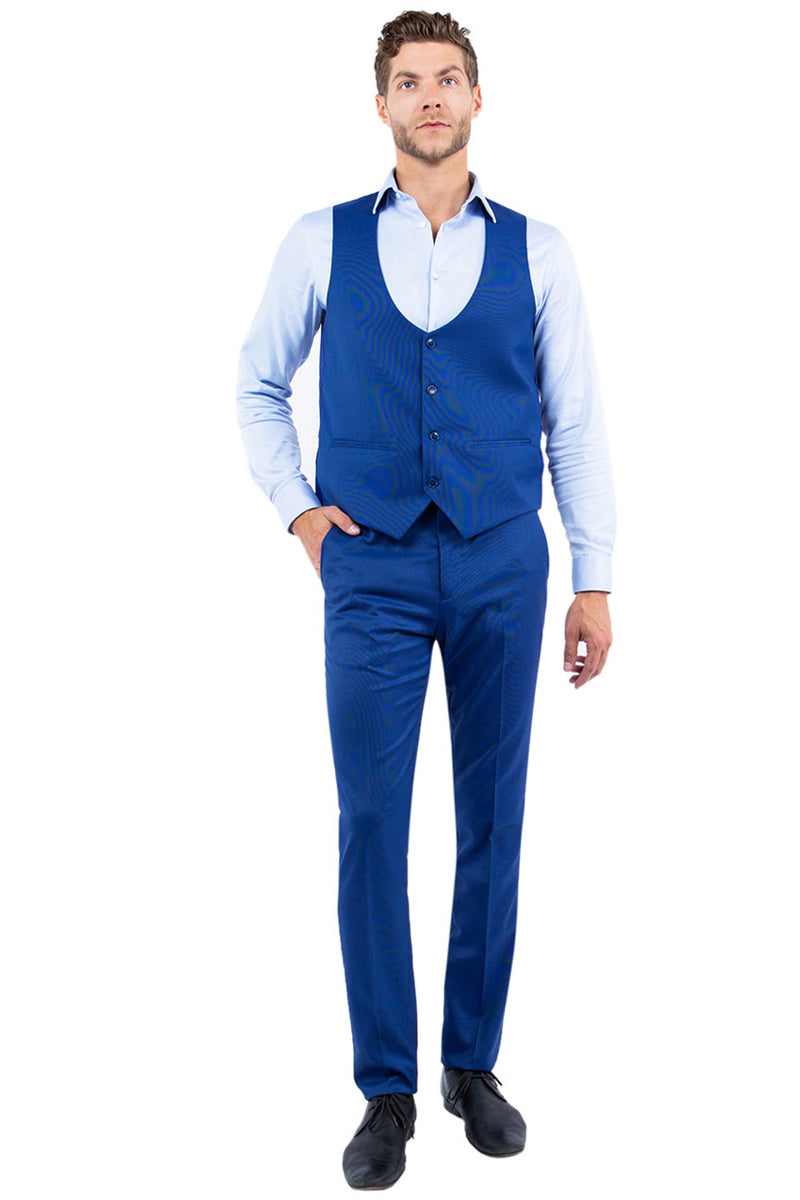 Men's Two Button Vested Slim Fit Peak Lapel Suit in Blue Nailhead
