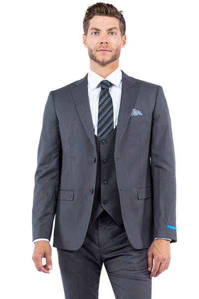 Men's Two Button Vested Slim Fit Peak Lapel Suit in Grey Nailhead