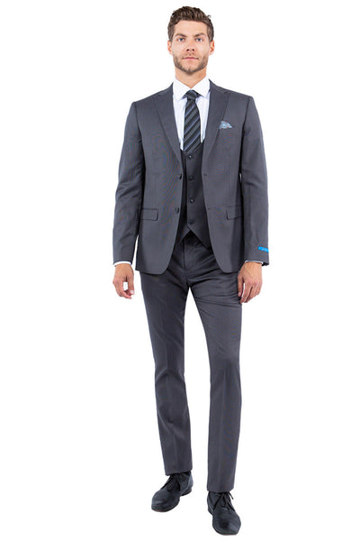Men's Two Button Vested Slim Fit Peak Lapel Suit in Grey Nailhead