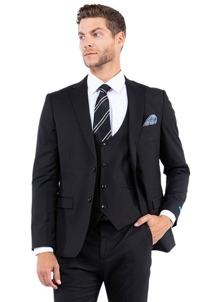 Men's Two Button Vested Slim Fit Peak Lapel Suit in Black Nailhead