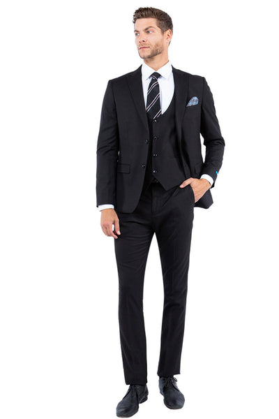 Men's Two Button Vested Slim Fit Peak Lapel Suit in Black Nailhead