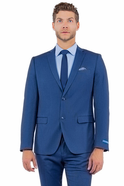 Men's Two Button Vested Sharkskin Suit with a Scoop Vest in French Blue