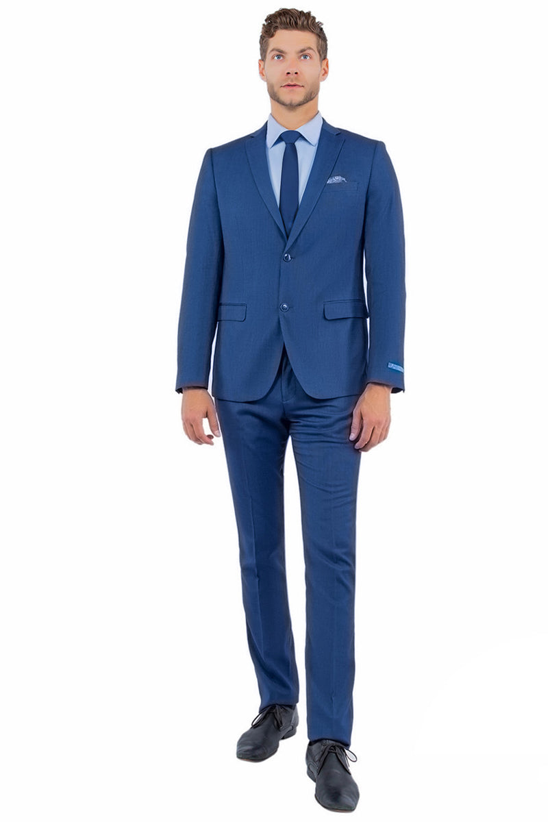 Men's Two Button Vested Sharkskin Suit with a Scoop Vest in French Blue