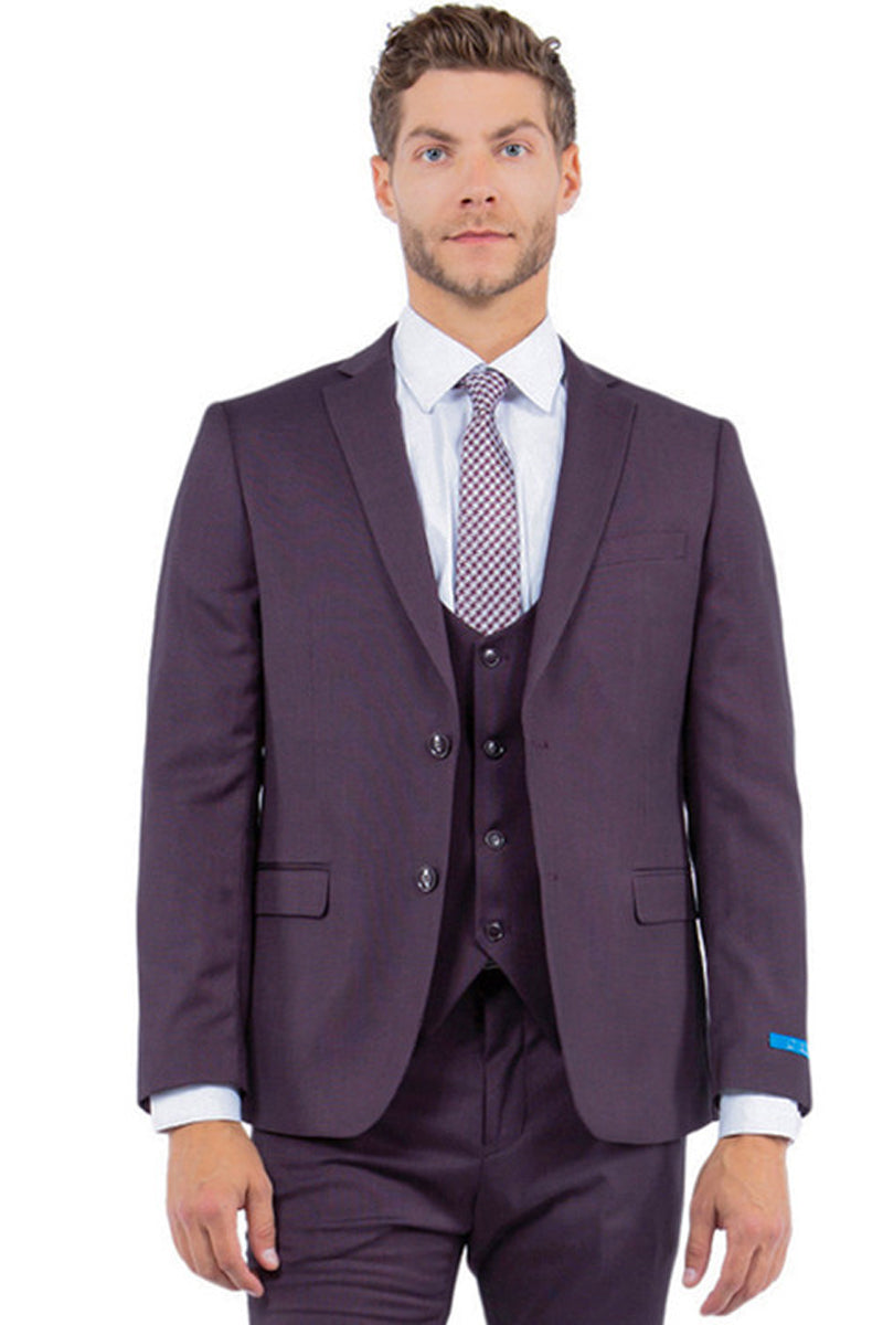 Men's Two Button Vested Sharkskin Suit with a Scoop Vest in Burgundy