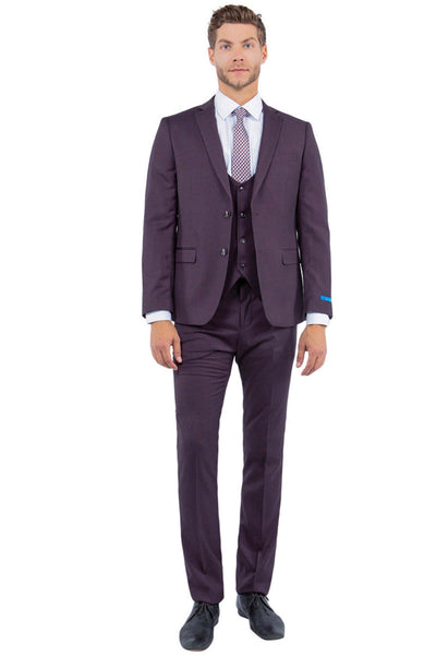 Men's Two Button Vested Sharkskin Suit with a Scoop Vest in Burgundy