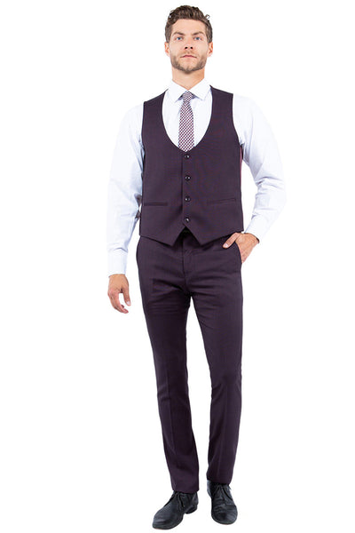 Men's Two Button Vested Sharkskin Suit with a Scoop Vest in Burgundy