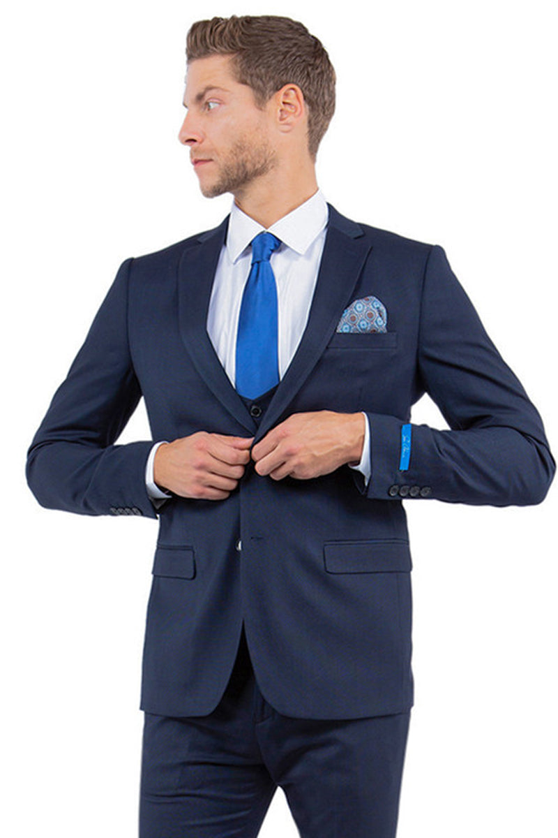 Men's Two Button Vested Sharkskin Suit with a Scoop Vest in Navy Blue