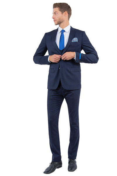 Men's Two Button Vested Sharkskin Suit with a Scoop Vest in Navy Blue