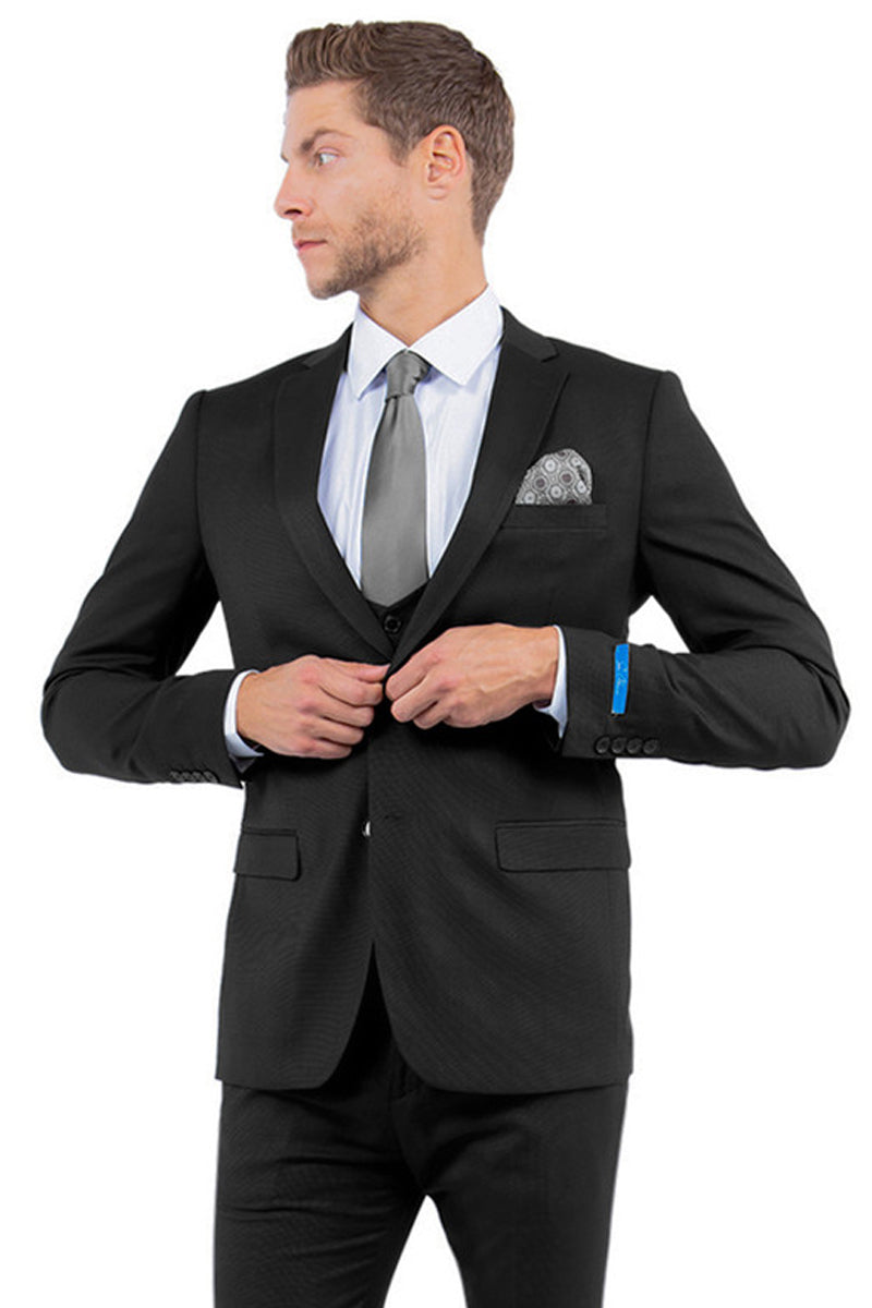 Men's Two Button Vested Sharkskin Suit with a Scoop Vest in Black