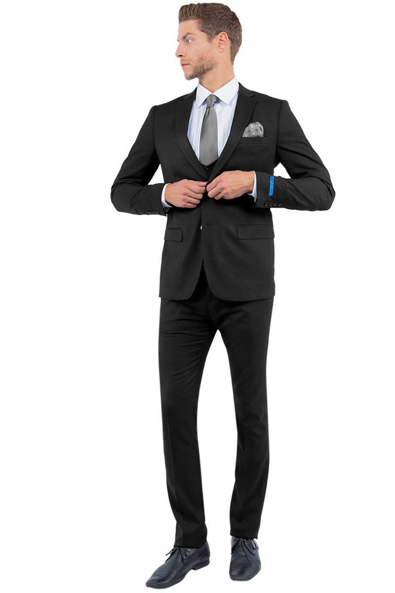 Men's Two Button Vested Sharkskin Suit with a Scoop Vest in Black
