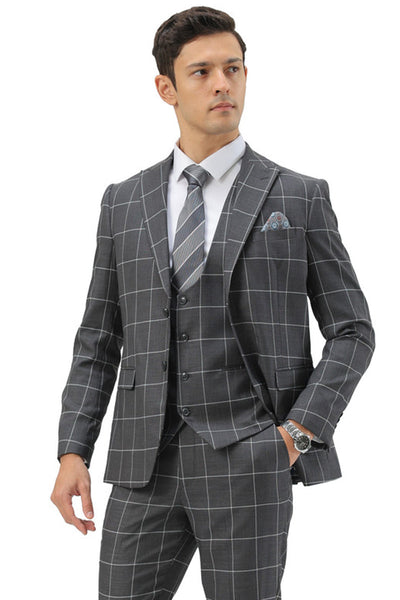 Men's Slim Fit Two Button Peak Lapel Vested Suit in Grey Windowpane Plaid