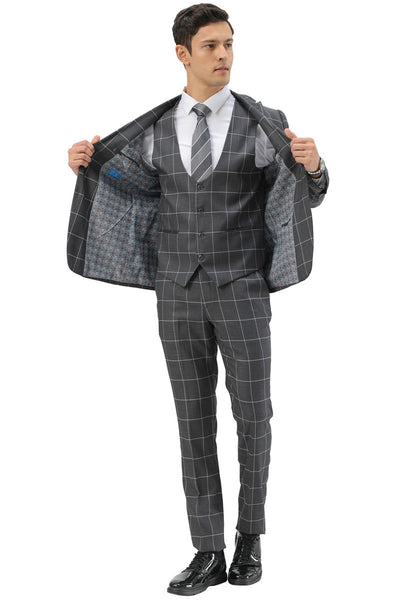 Men's Slim Fit Two Button Peak Lapel Vested Suit in Grey Windowpane Plaid