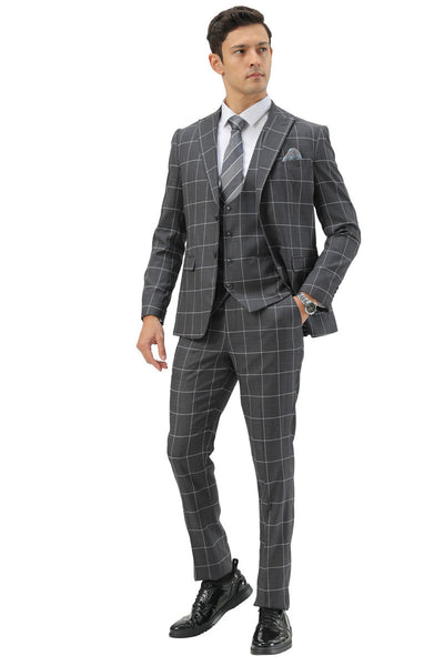 Men's Slim Fit Two Button Peak Lapel Vested Suit in Grey Windowpane Plaid