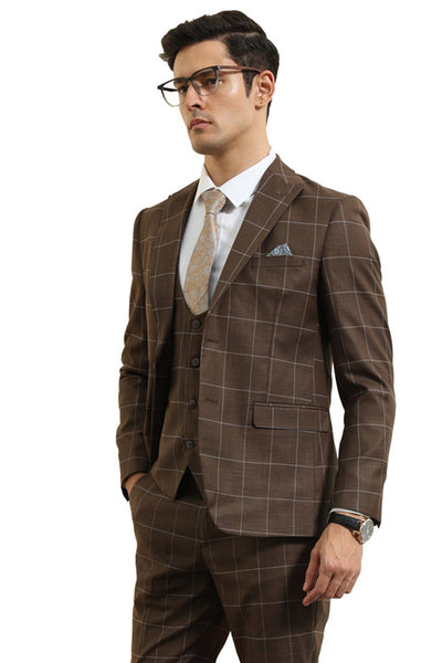 Men's Slim Fit Two Button Peak Lapel Vested Suit in Brown Windowpane Plaid