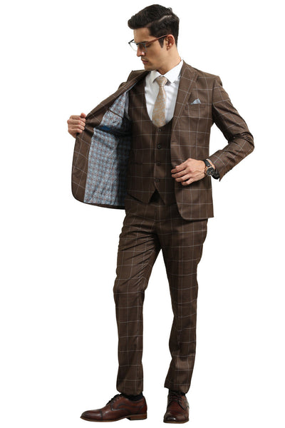 Men's Slim Fit Two Button Peak Lapel Vested Suit in Brown Windowpane Plaid
