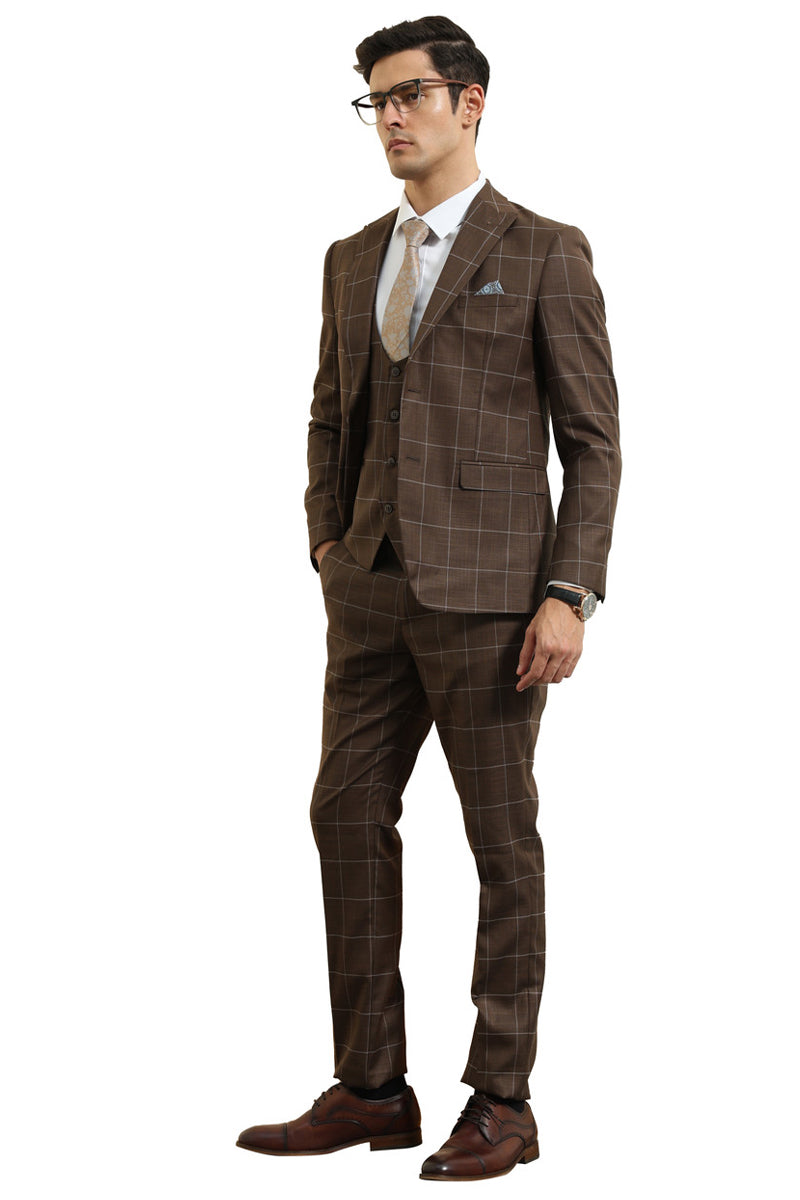 Men's Slim Fit Two Button Peak Lapel Vested Suit in Brown Windowpane Plaid