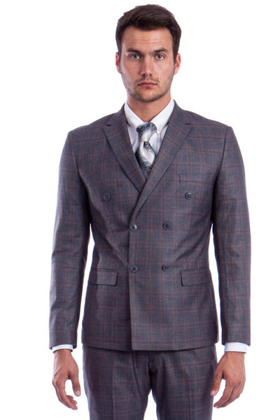 Men's Slim Fit Double Breasted Suit in Charcoal Windowpane Plaid