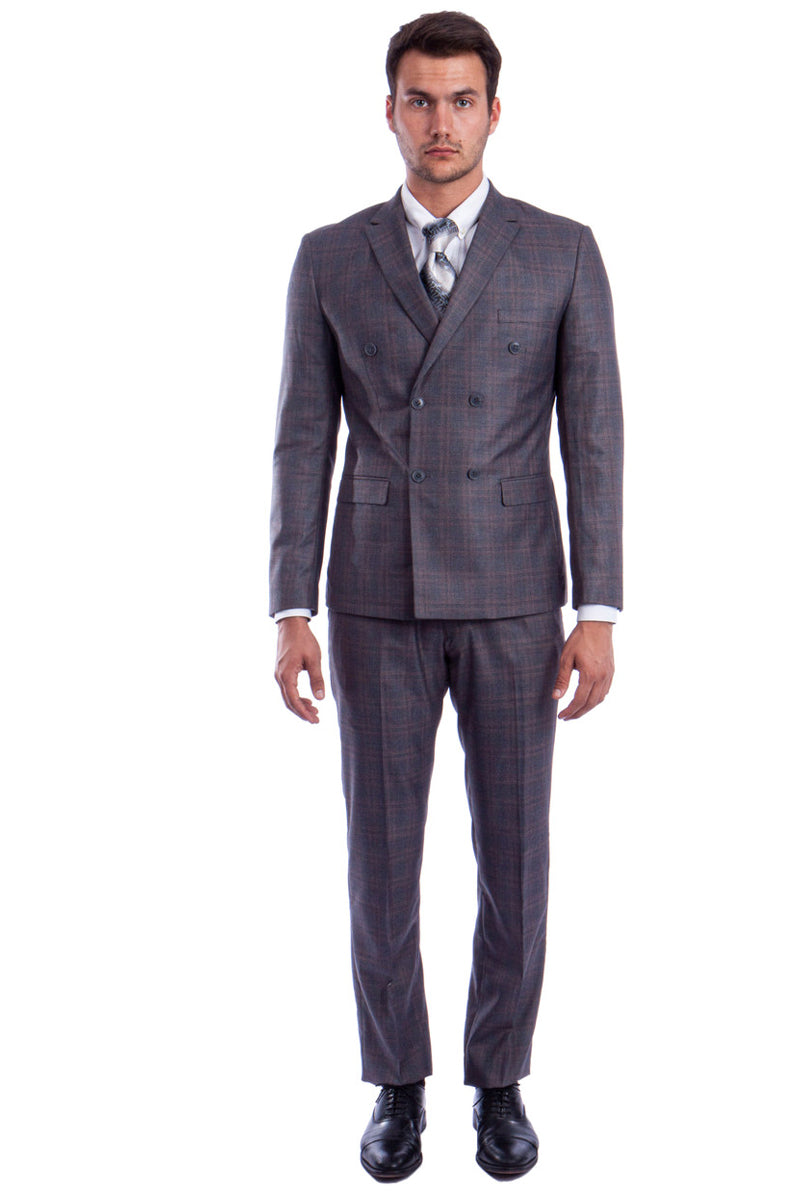 Men's Slim Fit Double Breasted Suit in Charcoal Windowpane Plaid