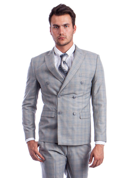Men's Slim Fit Double Breasted Suit in Light Grey Windowpane Plaid