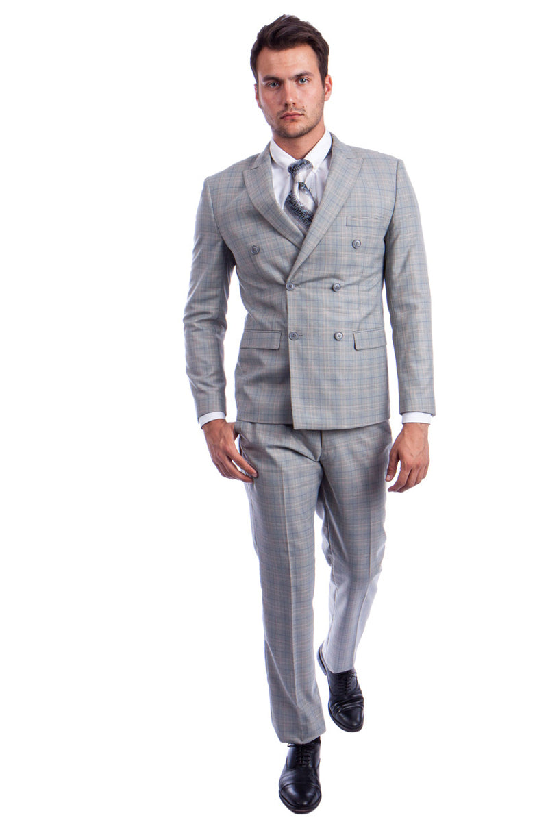 Men's Slim Fit Double Breasted Suit in Light Grey Windowpane Plaid