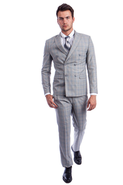 Men's Slim Fit Double Breasted Suit in Light Grey Windowpane Plaid