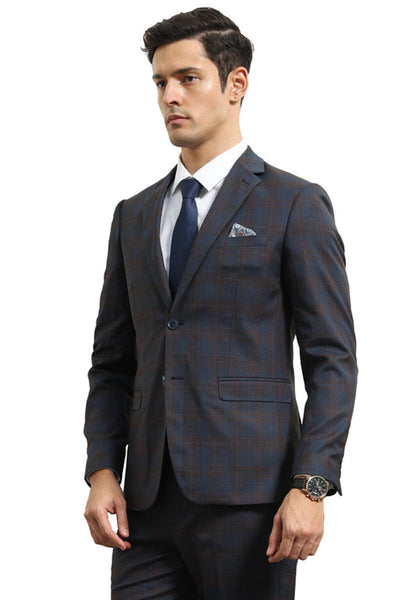 Men's Modern Fit Two Button Suit with Scoop Vest in Blue & Brown Windowpane Plaid