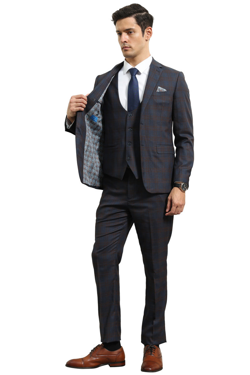 Men's Modern Fit Two Button Suit with Scoop Vest in Blue & Brown Windowpane Plaid