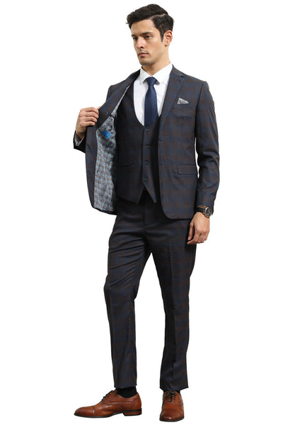 Men's Modern Fit Two Button Suit with Scoop Vest in Blue & Brown Windowpane Plaid