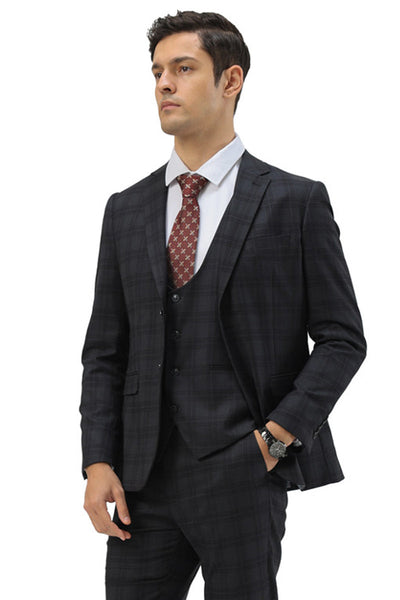 Men's Modern Fit Two Button Suit with Scoop Vest in Black Windowpane Plaid