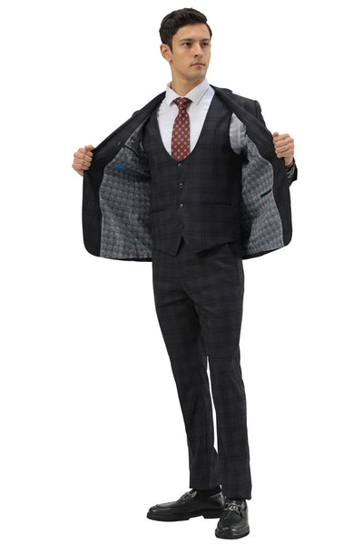 Men's Modern Fit Two Button Suit with Scoop Vest in Black Windowpane Plaid