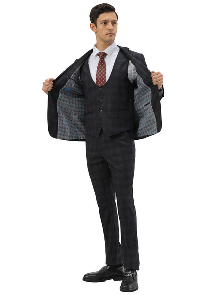 Men's Modern Fit Two Button Suit with Scoop Vest in Black Windowpane Plaid