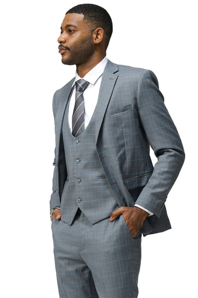 Men's Modern Fit Two Button Suit with Scoop Vest in Grey Windowpane Plaid