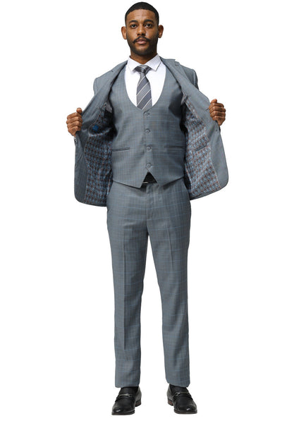 Men's Modern Fit Two Button Suit with Scoop Vest in Grey Windowpane Plaid