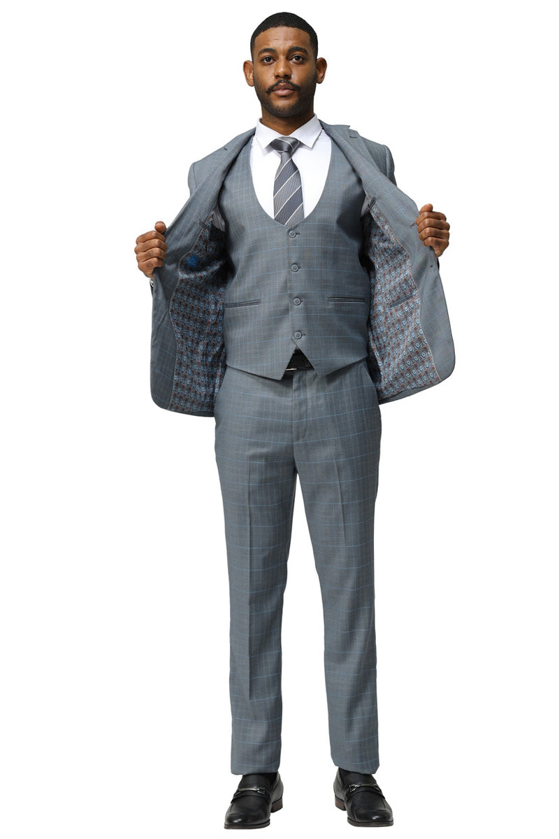 Men's Modern Fit Two Button Suit with Scoop Vest in Grey Windowpane Plaid