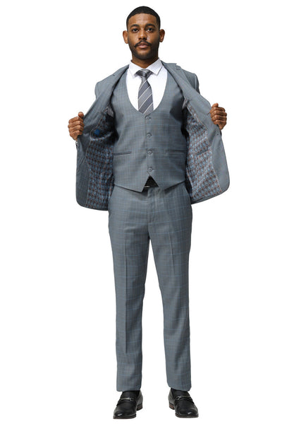 Men's Modern Fit Two Button Suit with Scoop Vest in Grey Windowpane Plaid