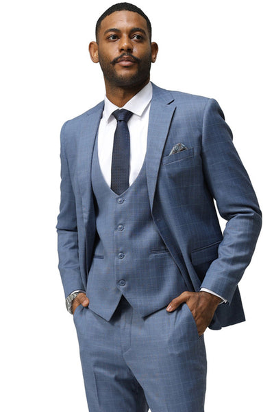 Men's Modern Fit Two Button Suit with Scoop Vest in Blue Windowpane Plaid