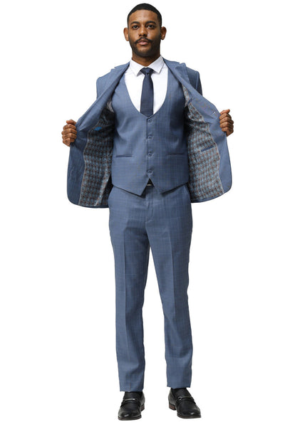 Men's Modern Fit Two Button Suit with Scoop Vest in Blue Windowpane Plaid