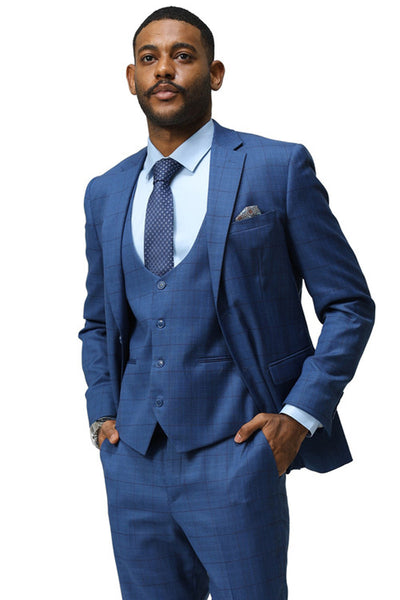 Men's Modern Fit Two Button Suit with Scoop Vest in Dark Blue Windowpane Plaid